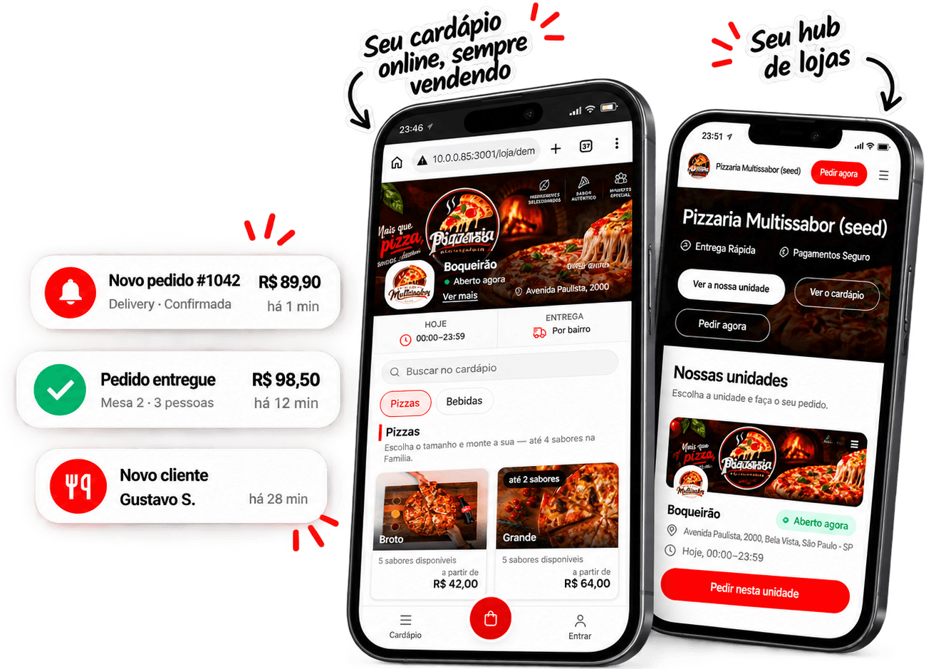 Cardápio online e hub de unidades da Tikke em dois celulares, com avisos de pedido novo, pedido entregue e cliente novo a chegar.